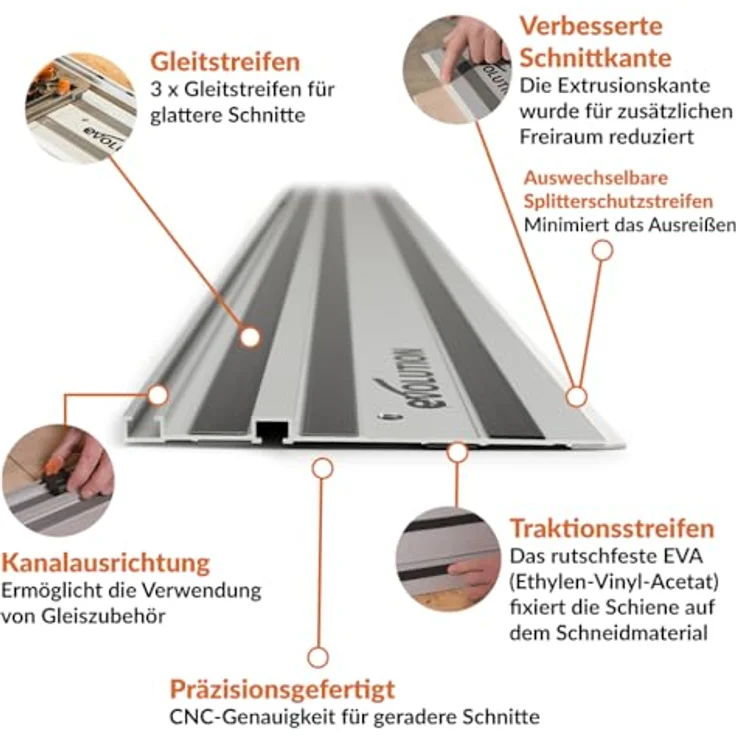 Evolution ST1400-G2 Führungsschiene Kreissägen Universal, 1,4m mit selbstausrichtenden Verbindungsschienen und Endanschlag-Zubehör für Makita, Metabo, Bosch, Festool – Bild 2