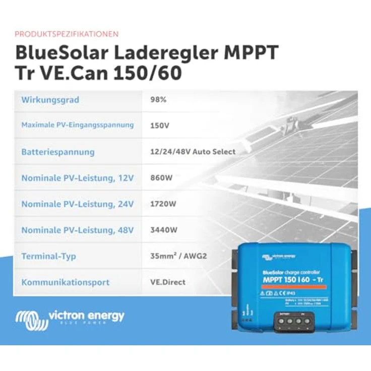 Victron Energy BlueSolar MPPT TR 150V 60 Amp 12/24/36/48-Volt Solar Laderegler, Batteriespannung: 12/24/48V Auto Select, Bluetooth-Dongle für Fernsteuerung, schwarz – Bild 3