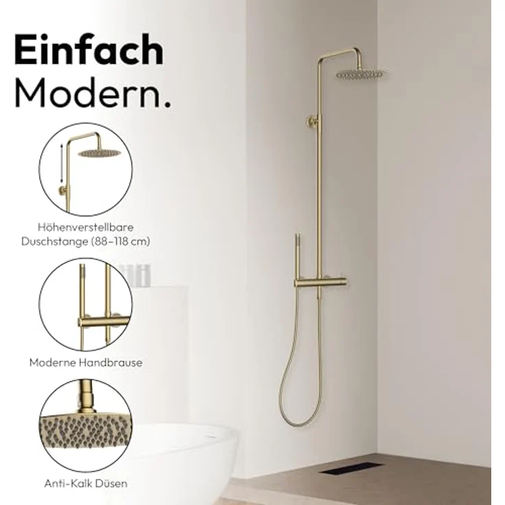 Marwell Duscharmatur Duschset Classico, gold, verstellbare Duschstange 88-118 cm, Regendusche Ø250 mm, Handbrause mit 1,5 m Schlauch – Bild 2