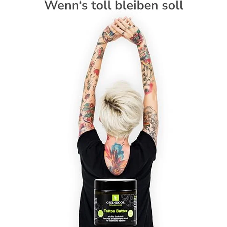 GREENDOOR Tattoo Butter 120ml, vegane Tattoo-Pflege ohne Parfum, dermatologisch getestet, optimale Farbfrische für tätowierte Haut – Bild 3