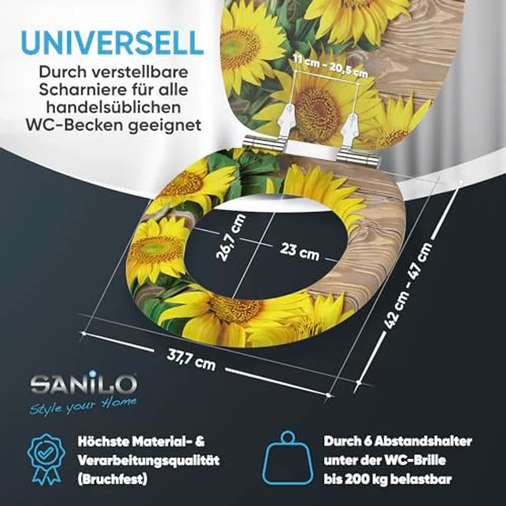 Sanilo WC Sitz Sunflower, Holz-Toilettendeckel mit Absenkautomatik und antibakterieller Oberfläche, 47 x 37,7 cm – Bild 4