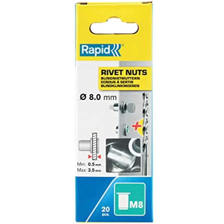 Rapid Nietmuttern M8, 0,5-3,5mm Klemmbereich, 20 Stk. Gewindenieten Stahl, Set Inkl Bohrer, für nietmutternzange – Bild 1