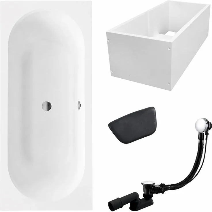 KOLMAN VITAE Badewanne Rechteck 150 x 75 cm mit Wannenträger und Kopfstütze in Schwarz, inkl. Ablauf und Füße