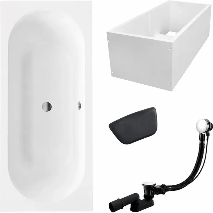 KOLMAN VITAE Badewanne Rechteck 150 x 75 cm mit Wannenträger und Kopfstütze in Schwarz, inkl. Ablauf und Füße