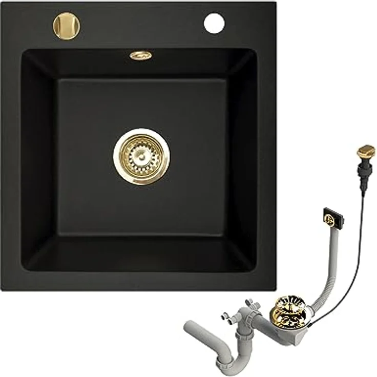 Faizee Möbel Granitspüle 48x50 +Armatur Gold Küchenspüle Spülbecken, Schwarz, langlebig & hitzebeständig bis zu 280°C – Bild 2