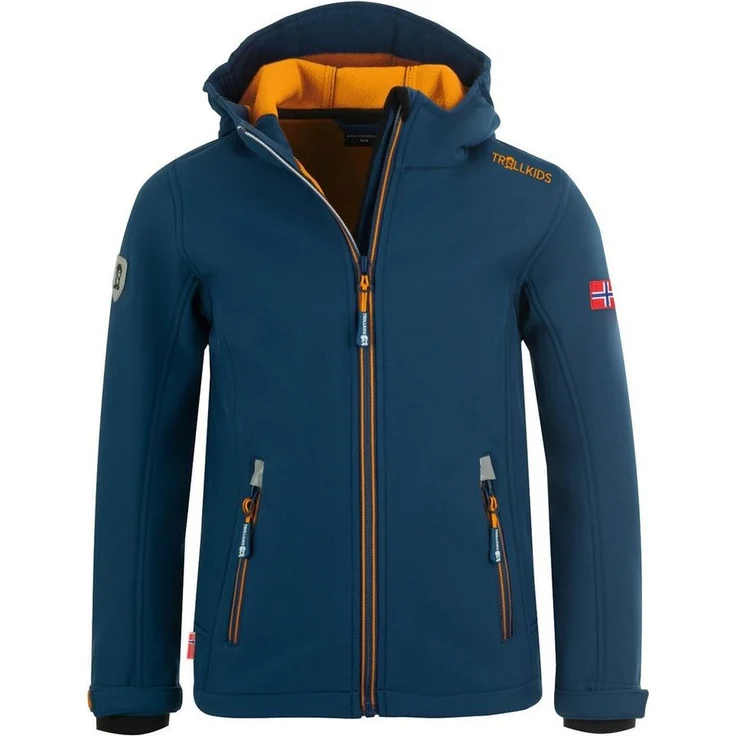 TROLLKIDS Softshelljacke Trollfjord, Kontrastreißverschlüsse, wasserabweisend, winddicht, flexibel-elastisch, flauschig warm, norwegische Flagge, Lonely Troll, wasserdicht, blau