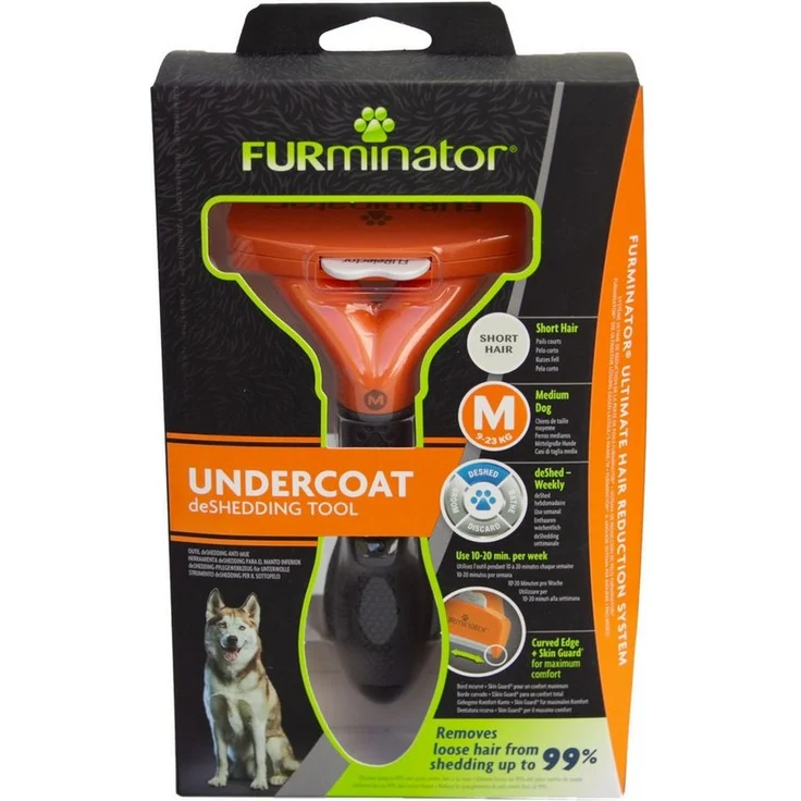 FURminator Fellbürste für kurzhaarige mittelgroße Hunde, deShedding-Pflege Werkzeug, mit FURejector-Druckknopf, grau – Bild 1