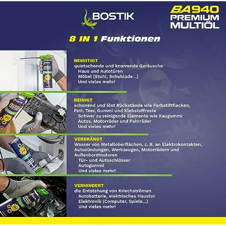 Bostik Multifunktionsspray BA940 Premium Multiöl 8in1, Biobasierte Inhaltsstoffe, Transparentes Öl, Sprühen aus jeder Position, Cobrakopf für Punktgenaues und Flächige Sprühen, 300 ml – Bild 4