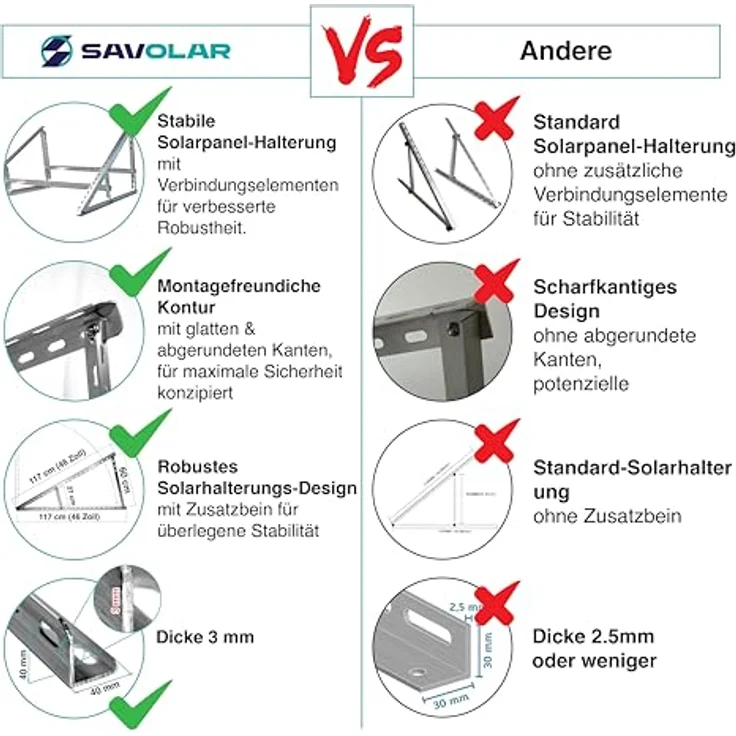SAVOLAR 2 Paar Solarmodul Halterung Balkonkraftwerk bis 117cm (46 Zoll) Winkel Einstellbar 0-90°, Robuste Neigungshalterungen, Aluminiumlegierung, silber – Bild 4