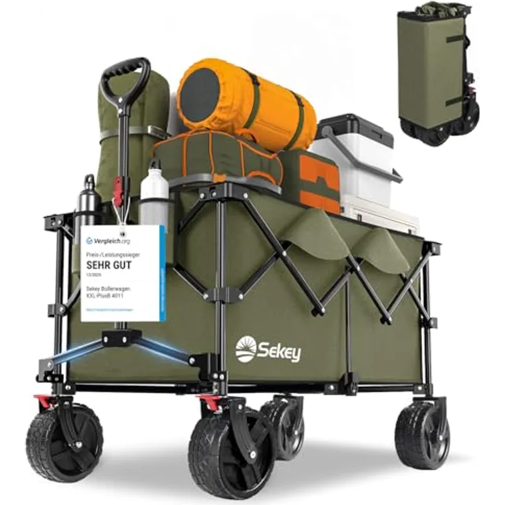 Sekey XXL Plus Bollerwagen, faltbar mit Bremsen, 200L, 200kg belastbar, extra breite All Terrain Reifen, patentierter Faltmechanismus, Grün
