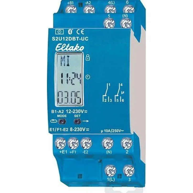 Eltako S2U12DBT-UC, 2-Kanal-Zeitschaltuhr mit Bluetooth, Astro-Funktion und 7 Tagen Gangreserve ohne Batterie