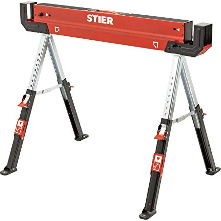 STIER Falt-Arbeitsbock Sägebock höhenverstellbar 590 kg, rutschfester Stand und Arbeits-Oberfläche, Klappbock, Arbeits-Unterstellbock, Sägebock, Metallbock, Tischbock klappbar – Bild 1