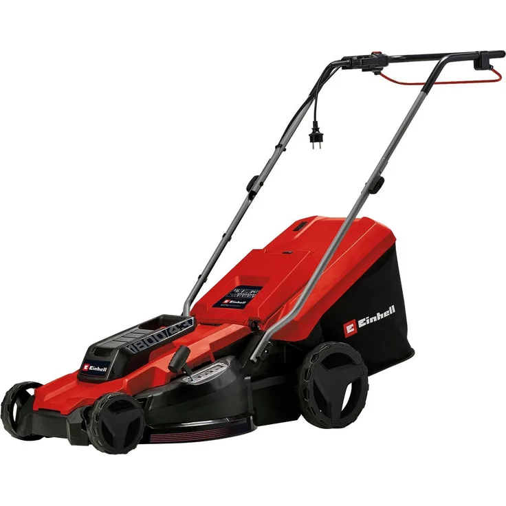 Einhell Elektrorasenmäher GC-EM 1800/43, 43 cm Schnittbreite, 1800 W, robustes Kunststoffgehäuse, ergonomischer Führungsholm, 6-stufige Schnitthöhenverstellung, Grasfangsack 50 Liter, Kabelzugentlastung