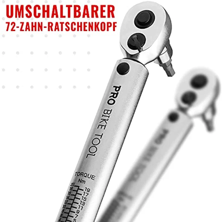 PRO BIKE TOOL 1/4 Satz Drehmomentschlüssel - Wartungsset für Fahrrad, Straßen- und Mountainbikes - inkl. Innensechskantschlüssel und Torx-Stecknüssen - 2 bis 20 Nm, Chrom, Ratschenwerkzeug mit präziser Einstellung – Bild 4