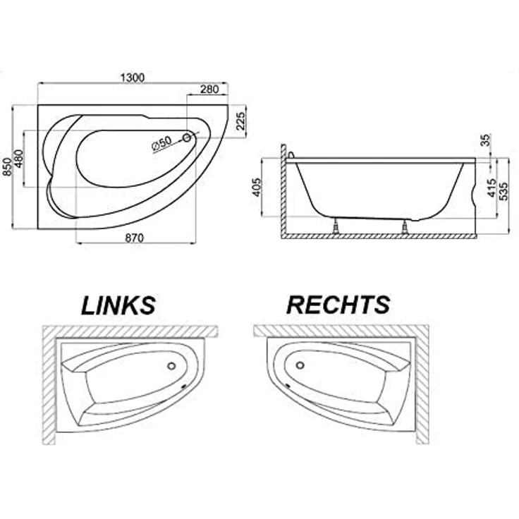 KOLMAN Eckbadewanne STANDARD 135x85, schneeweiß, mit GRATIS Ablaufgarnitur & Füßen, antibakteriell, kratzfest – Bild 5