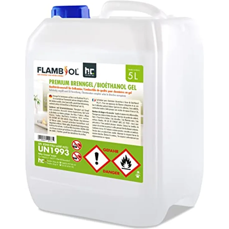 Höfer Chemie 5 L FLAMBIOL® Premium Brenngel für Brenngel Dekofeuer, Lampe und Kamine - Neue REZEPTUR DICKFLÜSSIGES Gel