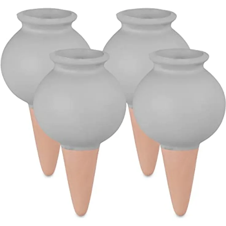 relaxdays Bewässerungssystem Graue Tonkegel, 4er Set zur automatischen Pflanzenbewässerung mit 100 ml Volumen