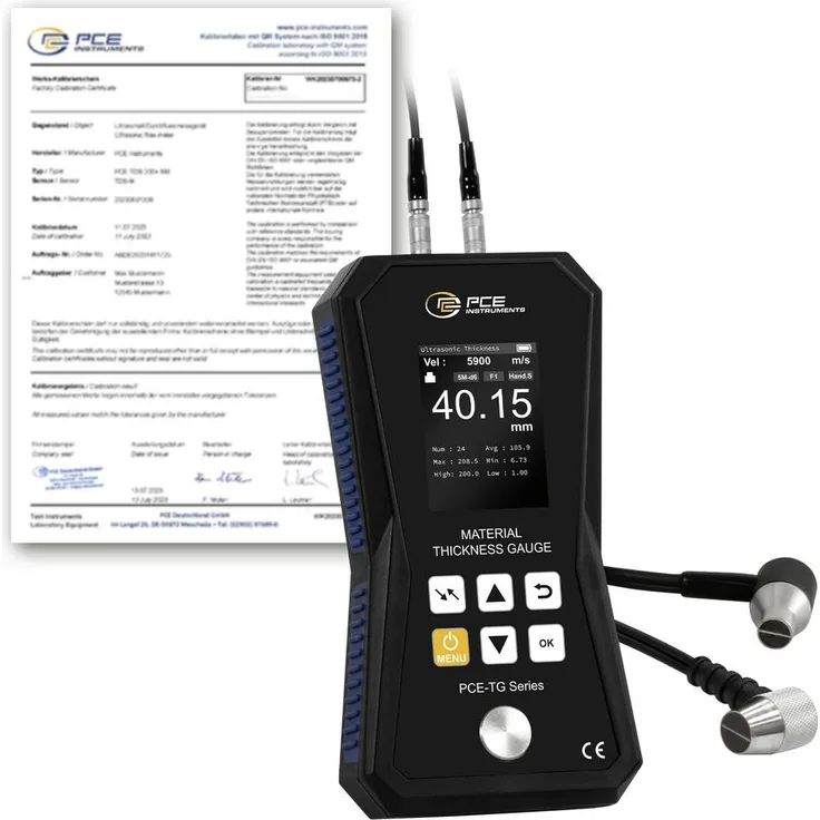 PCE Instruments Materialdickenmessgerät PCE-TG 150A-ICA, bis 300mm, inkl. ISO-Zertifikat, Sensoren 5MHz Ø6mm und Ø10mm