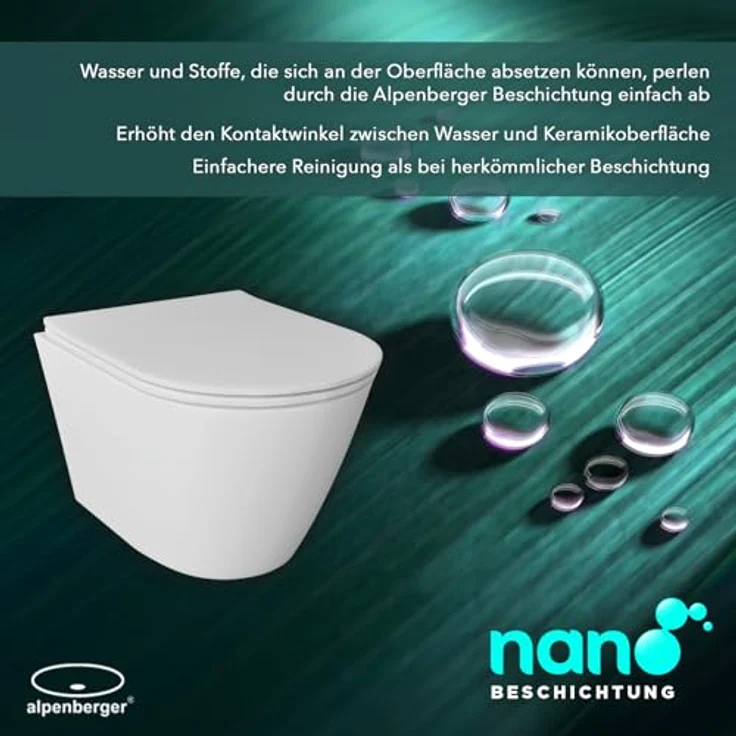 Alpenberger Germany Wand WC Spülrandlos | Hänge WC U-Form Design mit Nano Beschichtung und Soft-Close Sitz | Passend Geberit – Bild 5