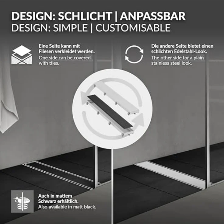 LuxeBath Duschrinne 50cm 2in1, befliesbar, extra flach, Edelstahl schwarz, doppelseitiger Bodenablauf mit Geruchsstop und Haarsieb, Komplettset mit Bodenbefestigung – Bild 3