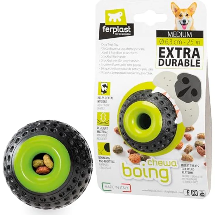 Ferplast CHEWA Boing Mittelgroß Futterball für Hunde, Schwarz, aus strapazierfähigem, ungiftigem, bissfestem Material, Zahnhygiene des Hundes, Springt und Schwimmt