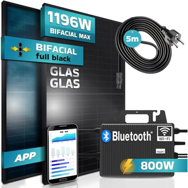 SUNNIVA® Balkonkraftwerk FULL BLACK BIFACIAL GLAS-GLAS 1196W/800W Solaranlage mit 800W TSUN Micro Wechselrichter Wifi Bluetooth, upgradebar drosselbar, 2x460W Solarmodule, 5m Kabel, PV Anlage in Schwarz