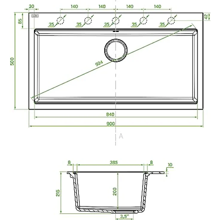 KOLMAN Granitspüle Tau Spülbecken Einzelbecken mit Space Saving Siphon, Beige, 50x90 cm – Bild 4