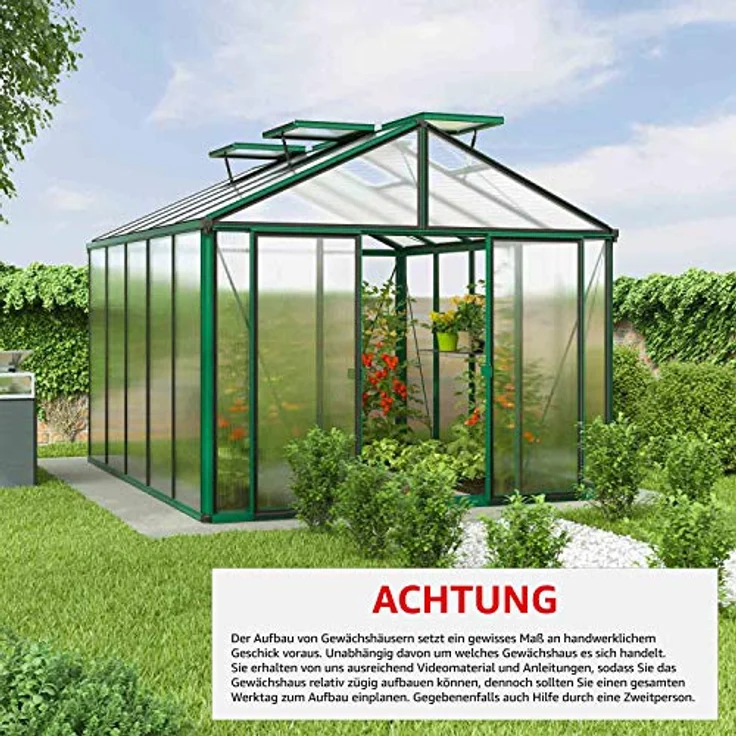 GFP Gewächshaus Asteria 23 Premium 311x385 cm mit integriertem Fundament, 16 mm Doppelstegplatten, Moosgrün – Bild 2