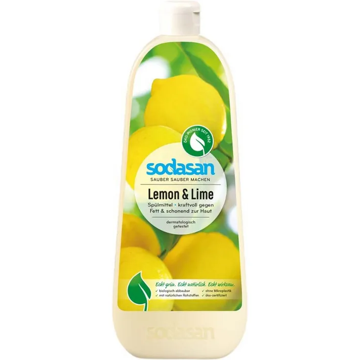 Sodasan Geschirrspülmittel - Lemon 1L, ohne petrochemische Inhaltsstoffe, frischer Lemonduft, für empfindliches Porzellan und Besteck, extrem ergiebig