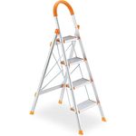 Relaxdays Trittleiter, 4 Stufen, klappbare Haushaltsleiter, Alu, bis 150 kg, Sicherheitsleiter mit Griff, Silber/orange - Preisvergleich