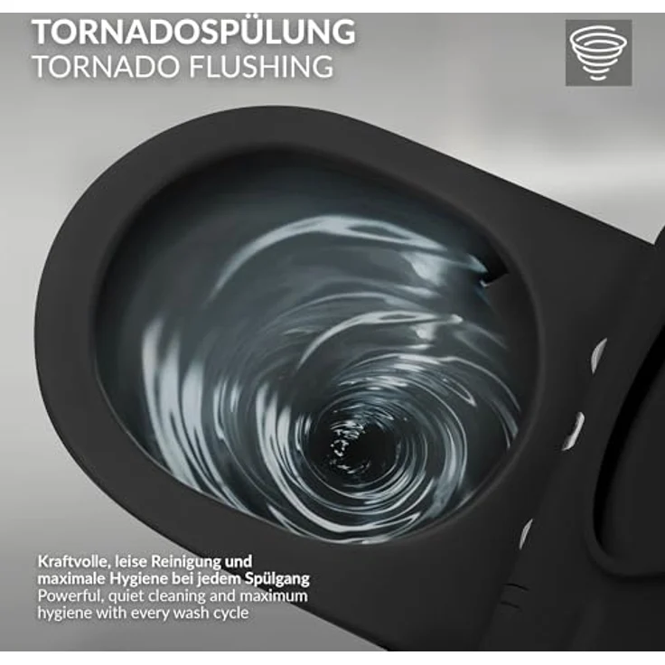 LuxeBath Wand WC Spülrandlos, Schwarz matt, Tiefspüler Keramik Hänge WC lang 53,5 cm, Toilette ohne Spülrand mit Nano Beschichtung, Tornadospülung, Kloschüssel Hängend mit WC-Sitz Absenkautomatik – Bild 5