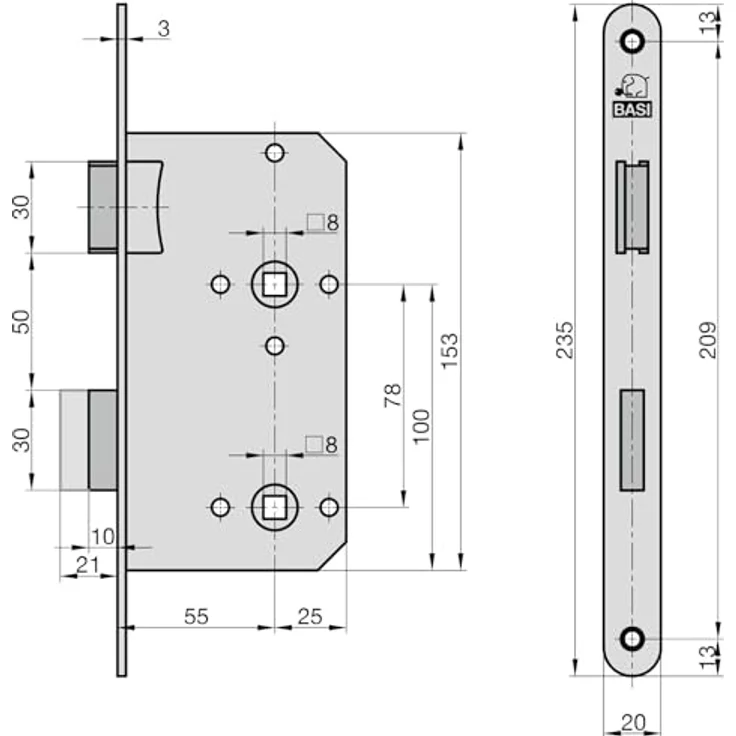 BASI | Einsteckschloss Zimmertürschloss | Vorrichtung WC/Bad | drehbare Falle | DIN rechts/links | Abstand 78 mm | Vierkant 8 mm | Stulp 235 mm Breite 20 mm abgerundet | Dornmaß 55 mm – Bild 2