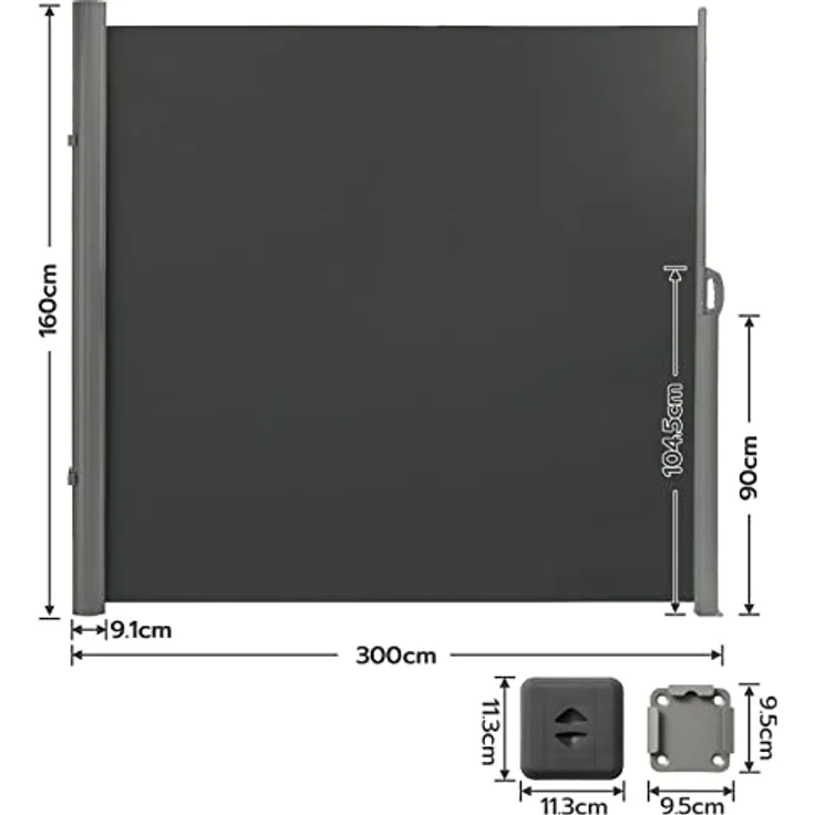 LARMNEE Alu-Seitenmarkise, ausziehbar, 160 x 300 cm, blickdicht, wasserdicht, für Balkon, Terrasse, Garten, Dunkelgrau EGY163BP02 – Bild 2