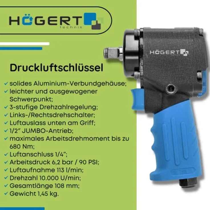 Högert Technik – Luftschlüssel ultra kurz 1/2" JUMBO-Laufwerk - Drehzahl 10 000 U/min - Betriebsdrehmoment bis 680 Nm - HT4R626, pneumatischer Schlagschrauber, vibrationsarm, nur 1,24 kg, Aluminium Verbundgehäuse – Bild 2