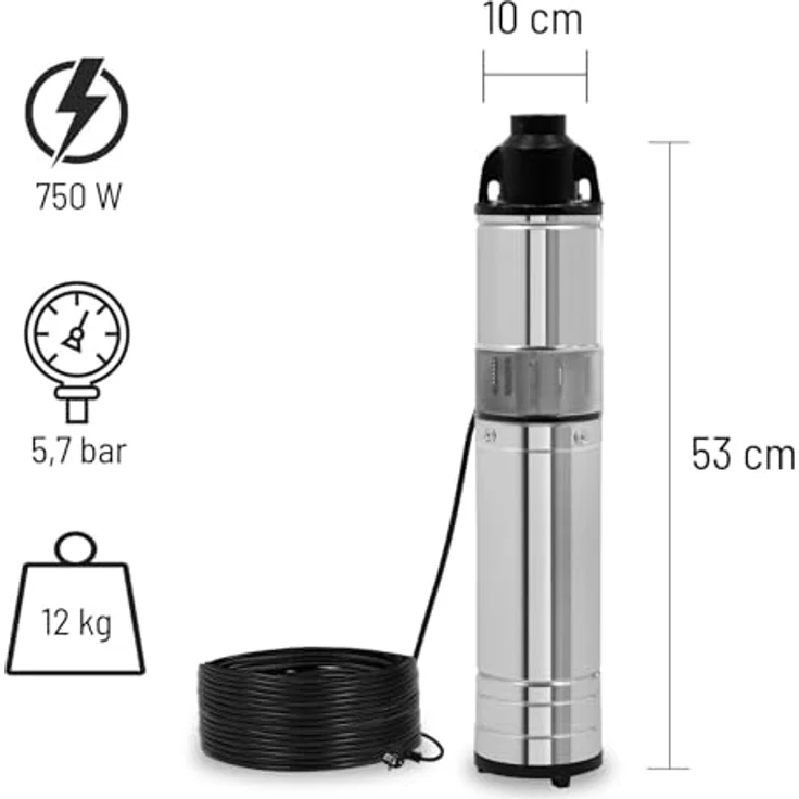 EBERTH 4" Tiefbrunnenpumpe, elektrische Brunnenpumpe aus rostfreiem Edelstahl, 750W, 15m Kabel, IPX8 Schutz, max. 15m Arbeitstiefe – Bild 2