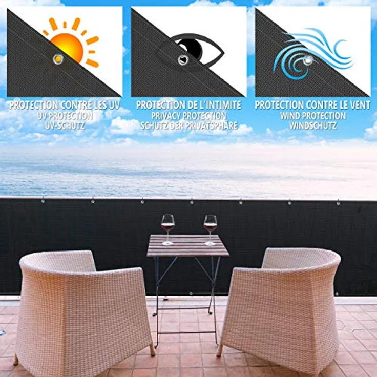 Balkon Sichtschutz, HDPE Gewebe, UV-Schutz, Wetterfest, 90x600 cm Schwarz – Bild 2