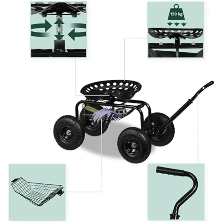 Relaxdays fahrbarer Gartensitz mit Stauraum, höhenverstellbar (40–49 cm), bis 150 kg, Stahl, schwarz, mit Luftreifen – Bild 3