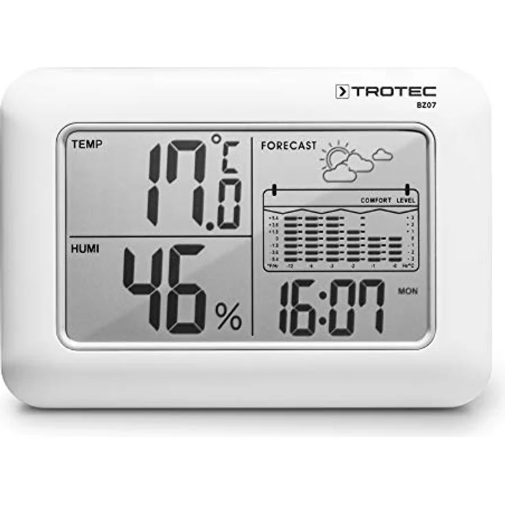TROTEC BZ07 Wetterstation 6-in-1 mit Innenraum-Klimawerten, Wettertrend-Anzeige, 12-Stunden-Temperaturstatistik, Wohlfühlindikator und Digitalwecker – Bild 1
