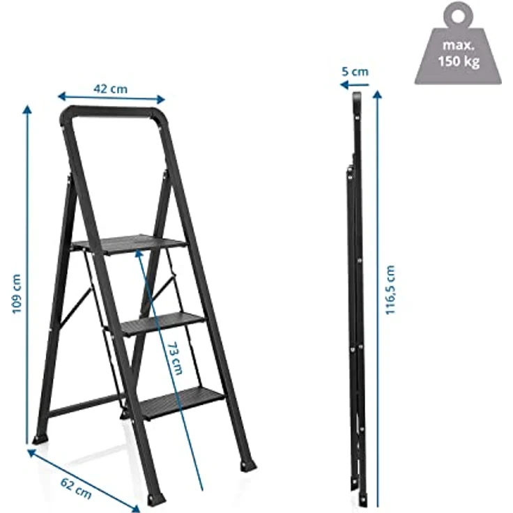 hjh OFFICE Klappleiter 3 Stufen SOLID W6 Aluminium Trittleiter, bis 150 kg belastbar, Tritt klappbar, Schwarz, 801206 – Bild 3