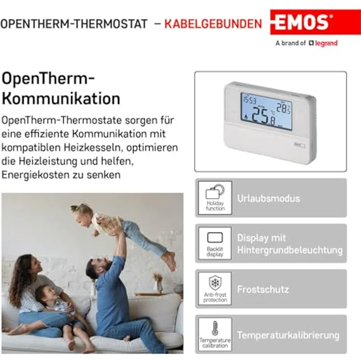 EMOS Digitaler Raumthermostat, programmierbar mit OpenTherm-Unterstützung, verkabelt, weiß, 12,6 x 8,4 x 2,6 cm – Bild 3