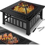 KESSER Feuerstelle mit Grillrost & Grillzange Feuerschale 82x82x50cm, 3in1 Multifunktional Fire Pit für Heizung-BBQ Grill, Garten Terrasse , Metall Feuerkorb mit Schutzhülle Schürhaken Funkenschutz Schwarz (Vierkant) - Preisvergleich