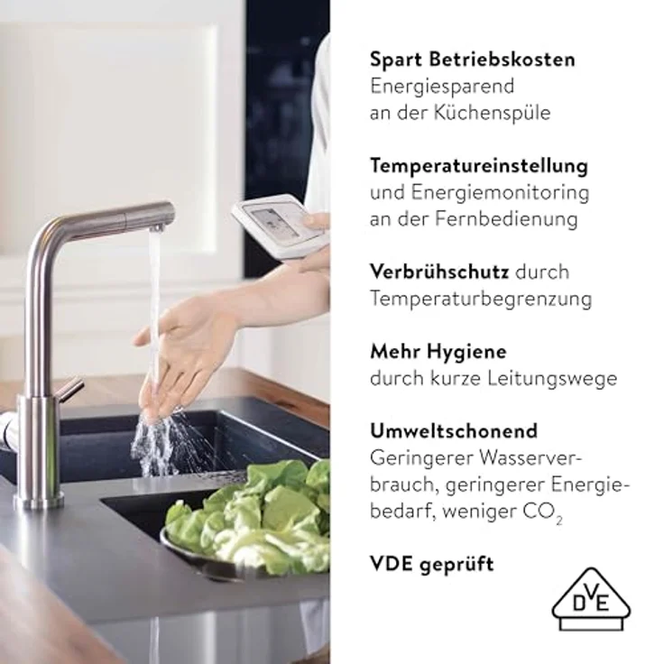 CLAGE CFX-U elektronischer Küchen-Durchlauferhitzer, 11-13,5kW 400V mit Bluetooth-Fernbedienung, komfortable Temperatureinstellung und schlankem Design zur Untertischmontage, VDE-GS geprüft – Bild 5