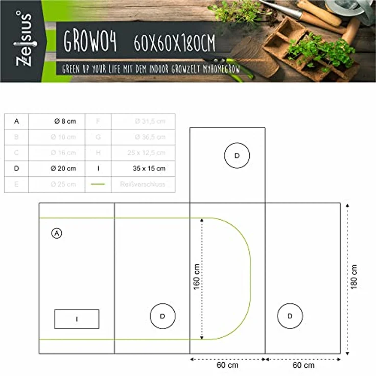 Zelsius Gewächshaus Grow Tent 60 x 60 x 180 cm grau/schwarz Pflanzenzucht Indoor - 99,9% lichtundurchlässig, 95% Lichtreflektion, Belüftungsklappe, wasserdichte Innenraumwanne – Bild 2