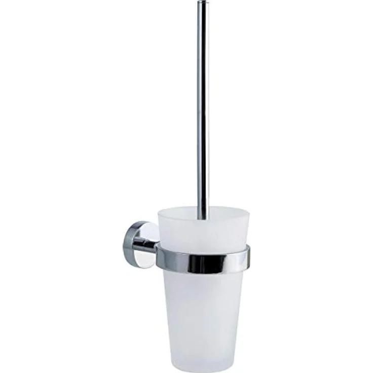 tesa SMOOZ WC-Garnitur, satiniertes Glas und verchromter Edelstahl - Toilettenbürsten-Set zur Wandbefestigung ohne Bohren, inkl. Klebelösung - 137 mm x 97 mm x 410 mm – Bild 1