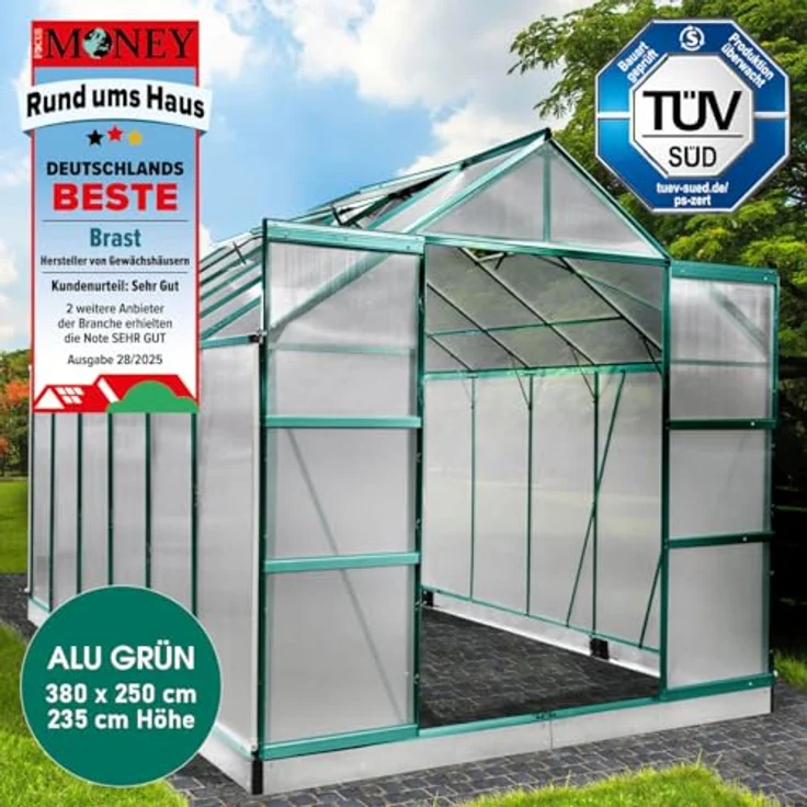 BRAST Gewächshaus Aluminium mit Fundament | TÜV geprüft | 6mm Hohlkammerplatten | rostfrei, wetterfest, temperaturbeständig | 380x250x235cm | Grün – Bild 2