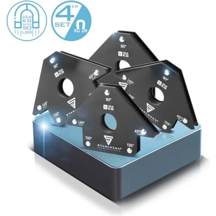 STAHLWERK Schweißmagnet 4er Set, 22,6 kg Haftkraft, 45° | 90° | 135° Winkel, starke Magnet-Schweißwinkel mit Rundloch zur präzisen Werkstückpositionierung – Bild 2