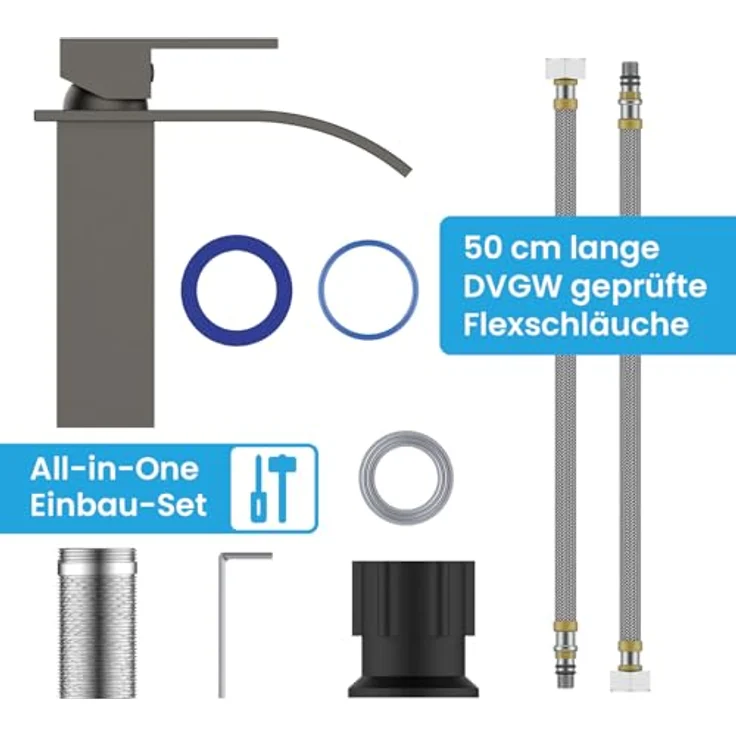 Bächlein Badarmatur Tamina, Wasserfall-Design Einhebelmischer mit Keramikkartusche und Montage-Set, anthrazit – Bild 5