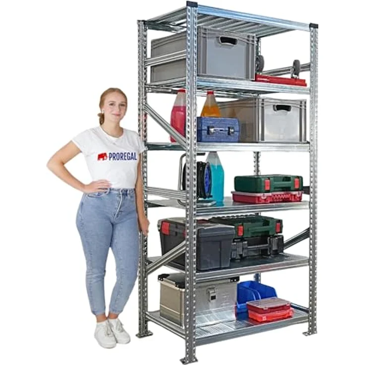 Proregal PROXIMO Metallregal, Schraubenloses Steckregalsystem mit 6 Böden, 210 x 90 x 60 cm, Traglast 200 kg pro Boden, verzinkter Stahl – Bild 3