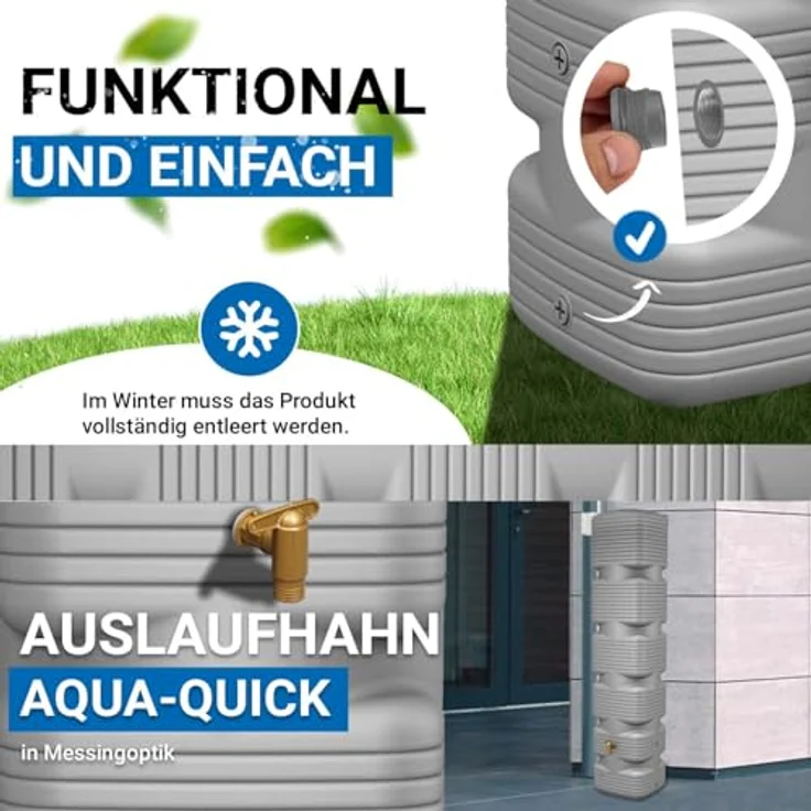 4rain Quadro Regentonne 270 Liter, betongrau, Wandtank aus witterungsbeständigem Recyclingkunststoff mit vielseitiger Wasserentnahme und platzsparendem Design – Bild 5