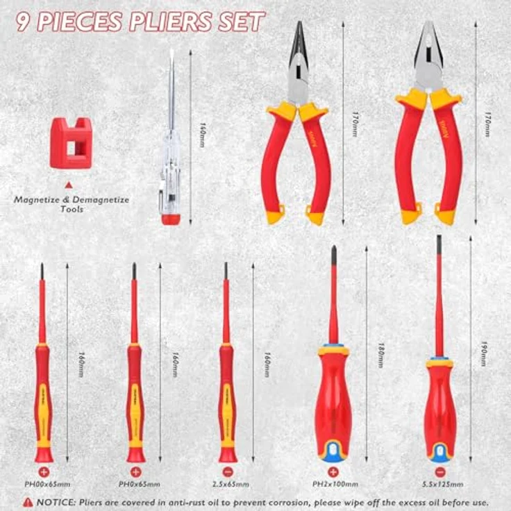 Mustbau 9 Pcs VDE Schraubendreher-Satz - Isolierte Schlitz- und Kreuzschlitzschraubendreher, Spannungsprüfer und mehr, VDE-zertifiziert – Bild 4